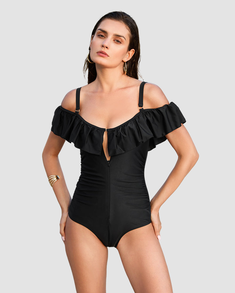 Drop-Shoulder Ruffled Zip-Front Shapewear Swimsuit Main image