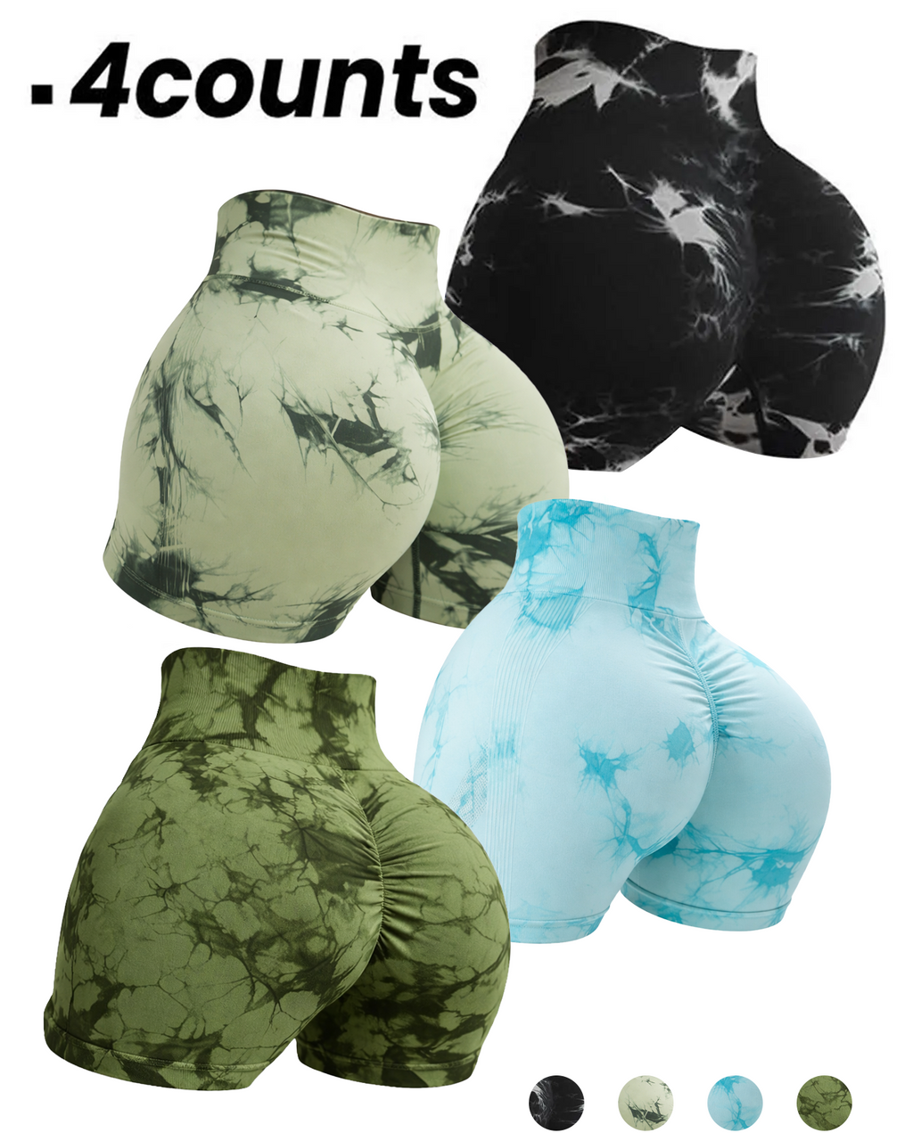 High Waist Seamless Tie Dye Yoga Shorts (4 Pack)