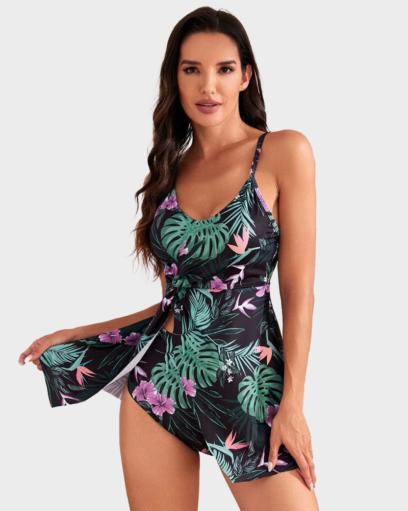 Tummy Control V Neck Twist Knot Tropical Skirted Swimdress Main image