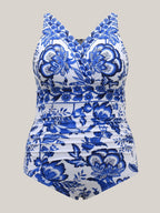 Two-Piece Floral Print Ruched Mesh Swimsuit