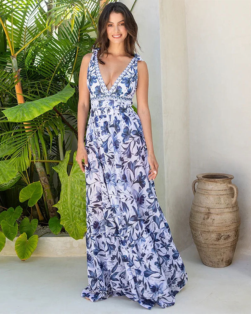 V Neck Lace Up Strip Plant Prints One Piece Swimsuit and Skirt/Sarong Main image