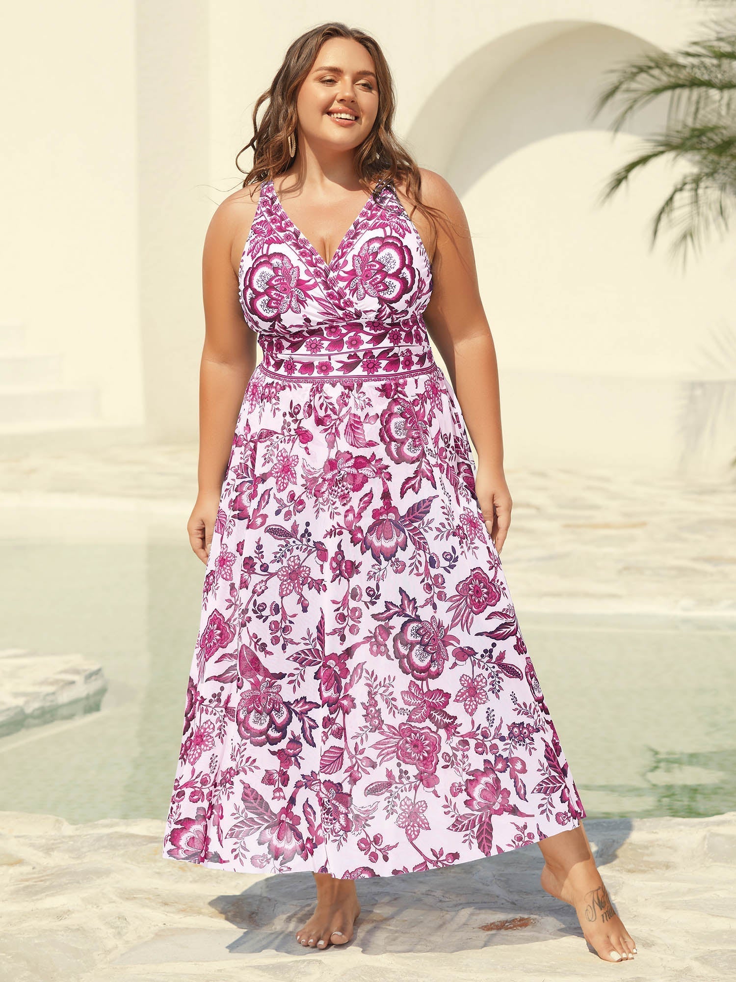 Two-Piece Floral Print Ruched Mesh Swimsuit