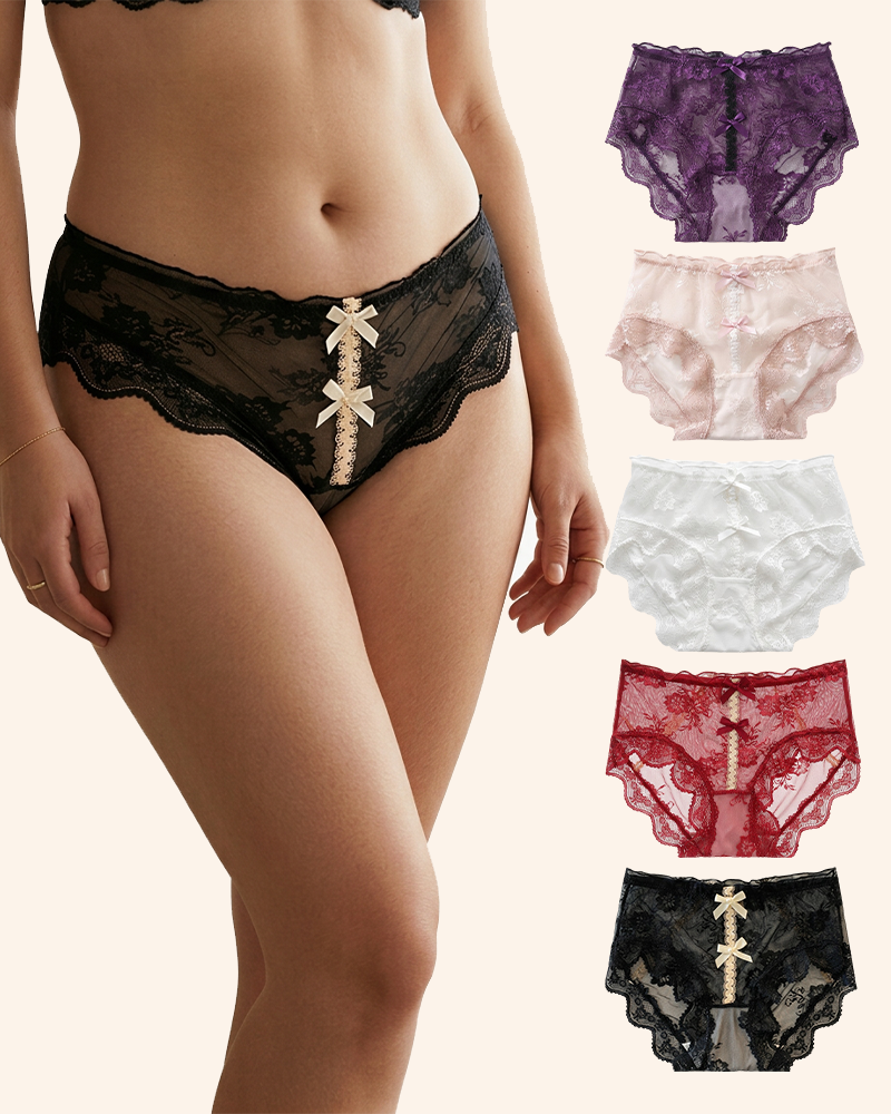 Sheer Floral Lace Bow Panties with Cotton Gusset Secondary image