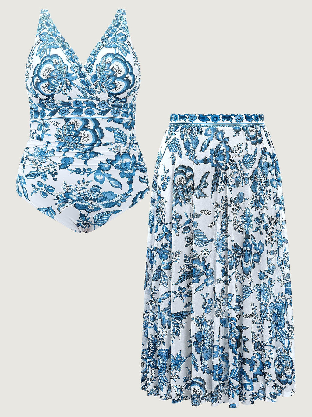Two-Piece Floral Print Ruched Mesh Swimsuit