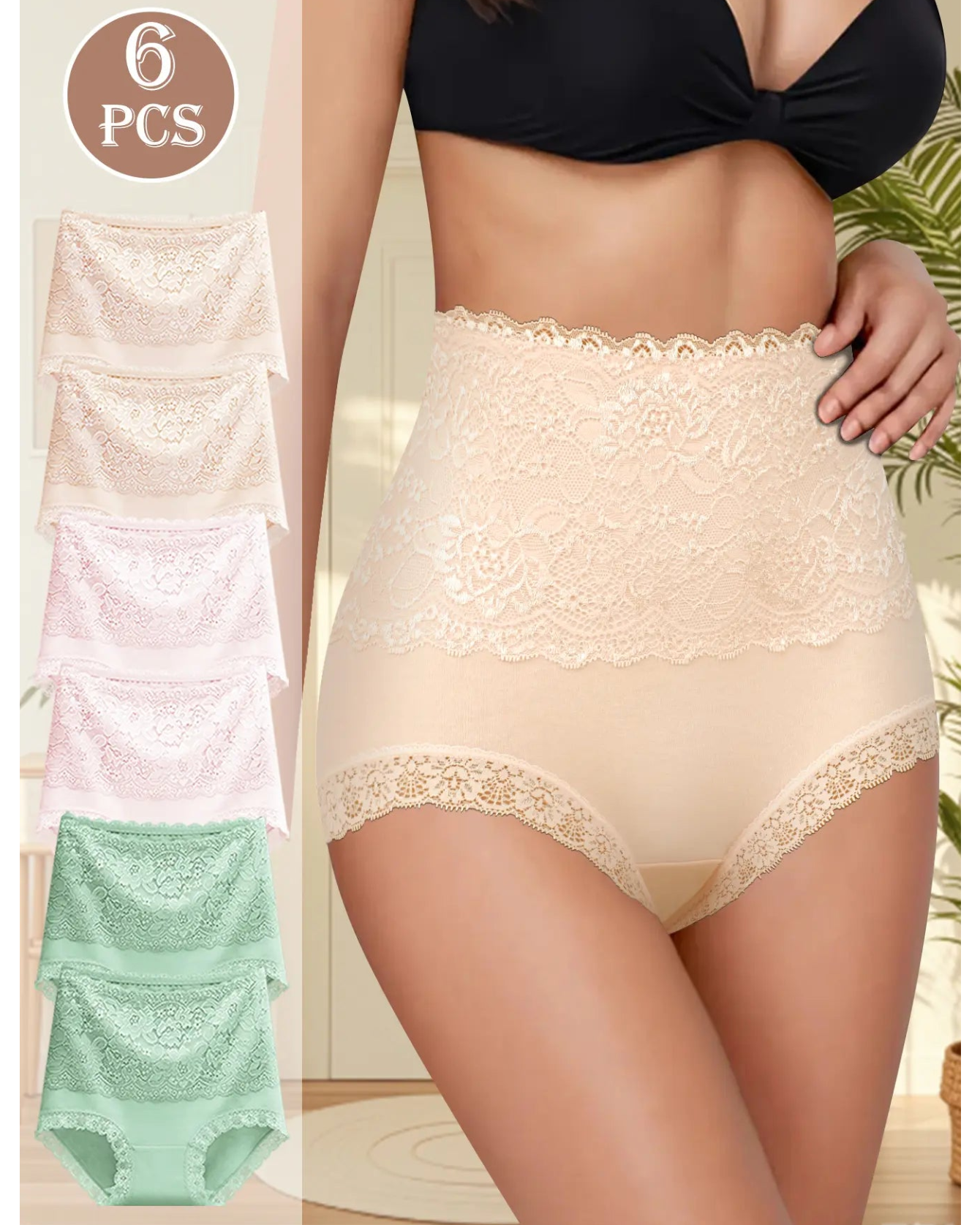Women's Floral Lace High Waist Hip Lifting Cotton Briefs (3 Pack / 6 Pack) Secondary image