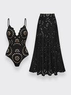 Flower Hollow One Piece Swimsuit and Skirt