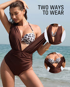 Two-Piece Deep Plunge Swimsuit with Halter Bra Overlay