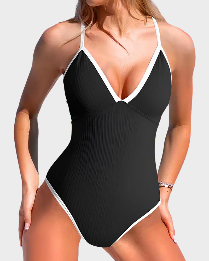 Deep V Ribbed Cross Back One-Piece Swimsuit Main image