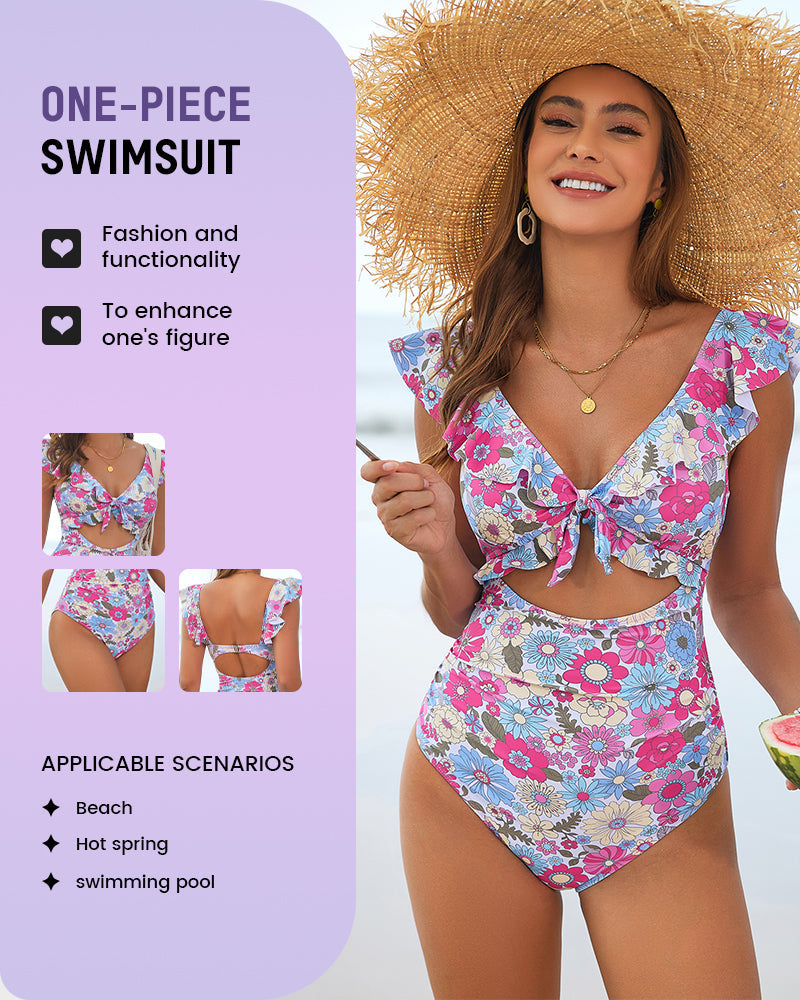 Floral Ruffle V-Neck Cutout One-Piece Swimsuit Secondary image