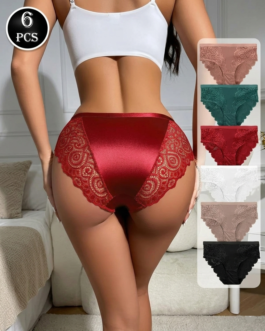 Floral Design High Waist Lace Satin Panties (6 Pack) Main image
