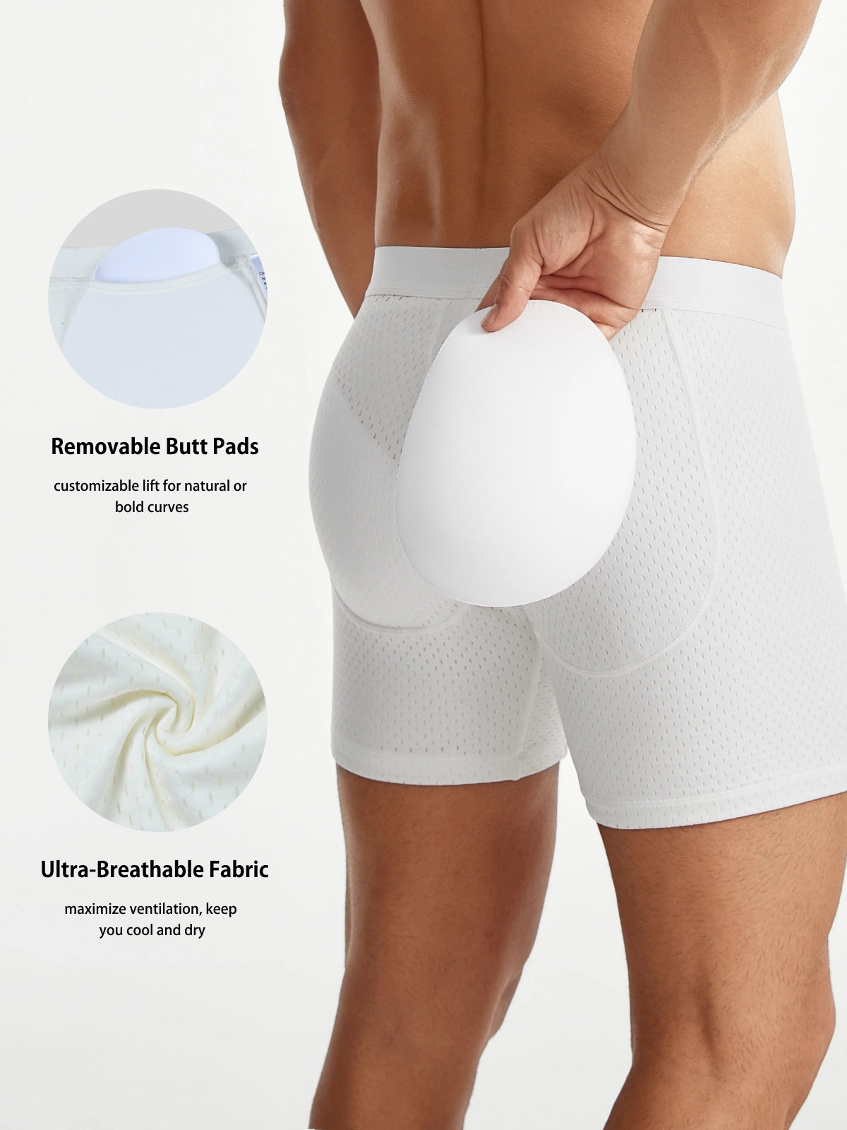 Mid-Waist Mesh Boxers Panties With Removable Butt Pads For Men