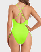 Deep Plunge V Neck High Cut Lace Up Swimsuit
