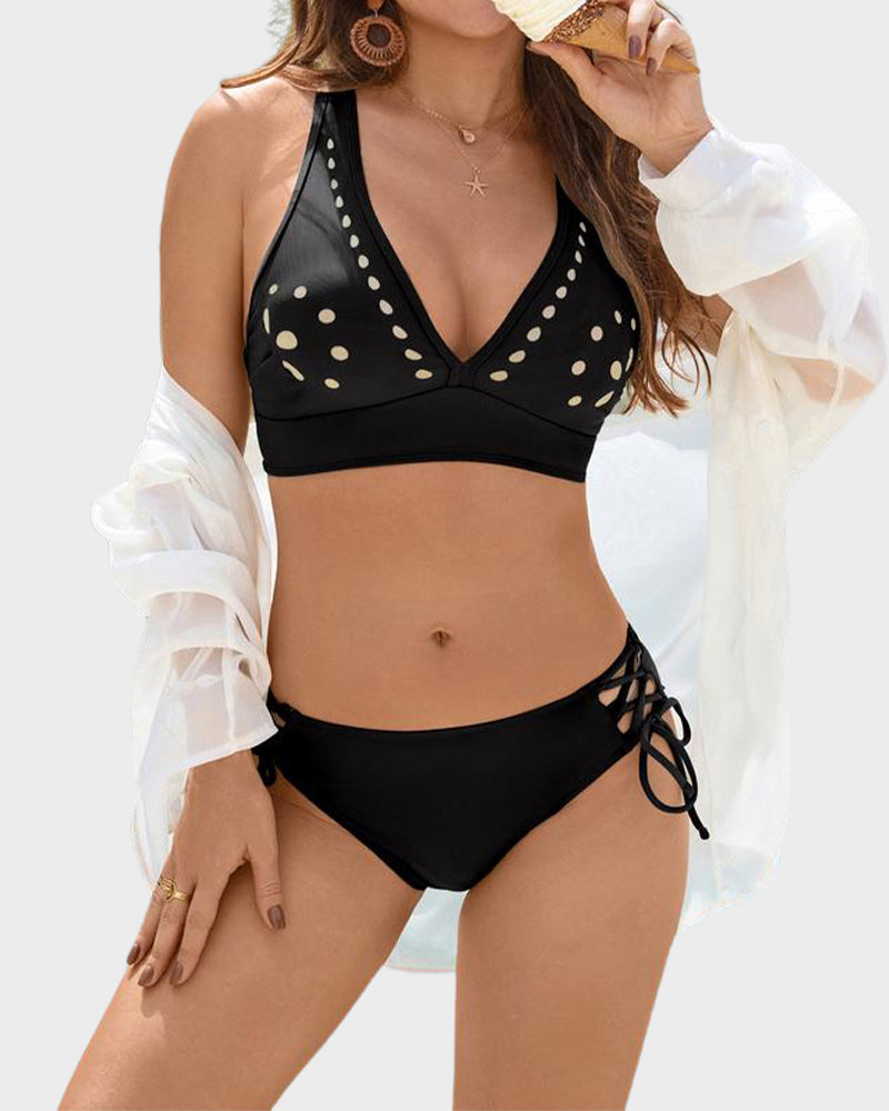 Petal Hollow V-Neck Two-Piece String Bikini Set