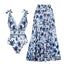 V Neck Lace Up Strip Plant Prints One Piece Swimsuit and Skirt/Sarong