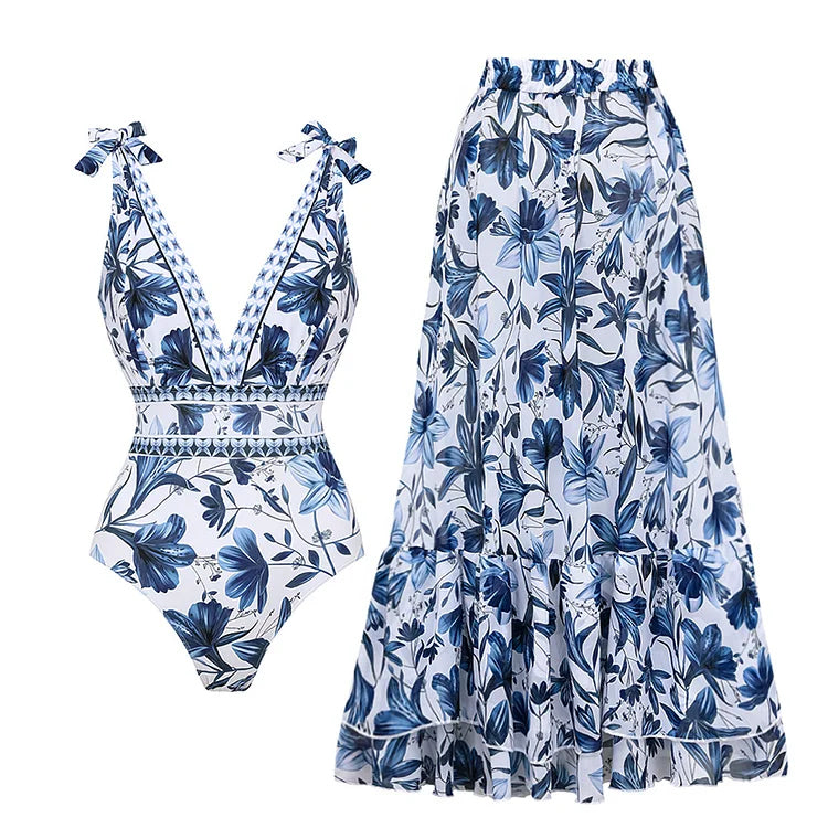 V Neck Lace Up Strip Plant Prints One Piece Swimsuit and Skirt/Sarong Secondary image