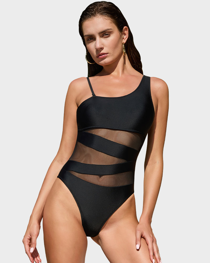 One Shoulder Mesh Insert High Cut One-Piece Swimsuit Main image