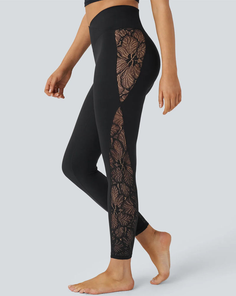 Stylish High Waisted Crossover Contrast Lace Panel Yoga Leggings Main image