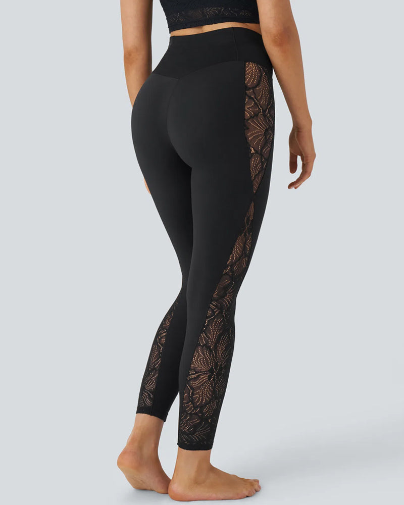 Stylish High Waisted Crossover Contrast Lace Panel Yoga Leggings Secondary image